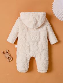 SHEIN Baby Girl Pink Solid Color Plush Hooded Long Sleeve Jumpsuit Pajamas - Apricot - View 2
