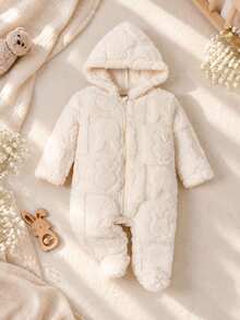 SHEIN Baby Girl Pink Solid Color Plush Hooded Long Sleeve Jumpsuit Pajamas - Apricot - View 7