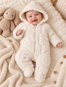 SHEIN Baby Girl Pink Solid Color Plush Hooded Long Sleeve Jumpsuit Pajamas - Apricot - View 1