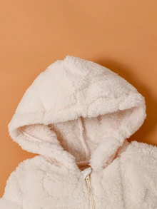 SHEIN Baby Girl Pink Solid Color Plush Hooded Long Sleeve Jumpsuit Pajamas - Apricot - View 4