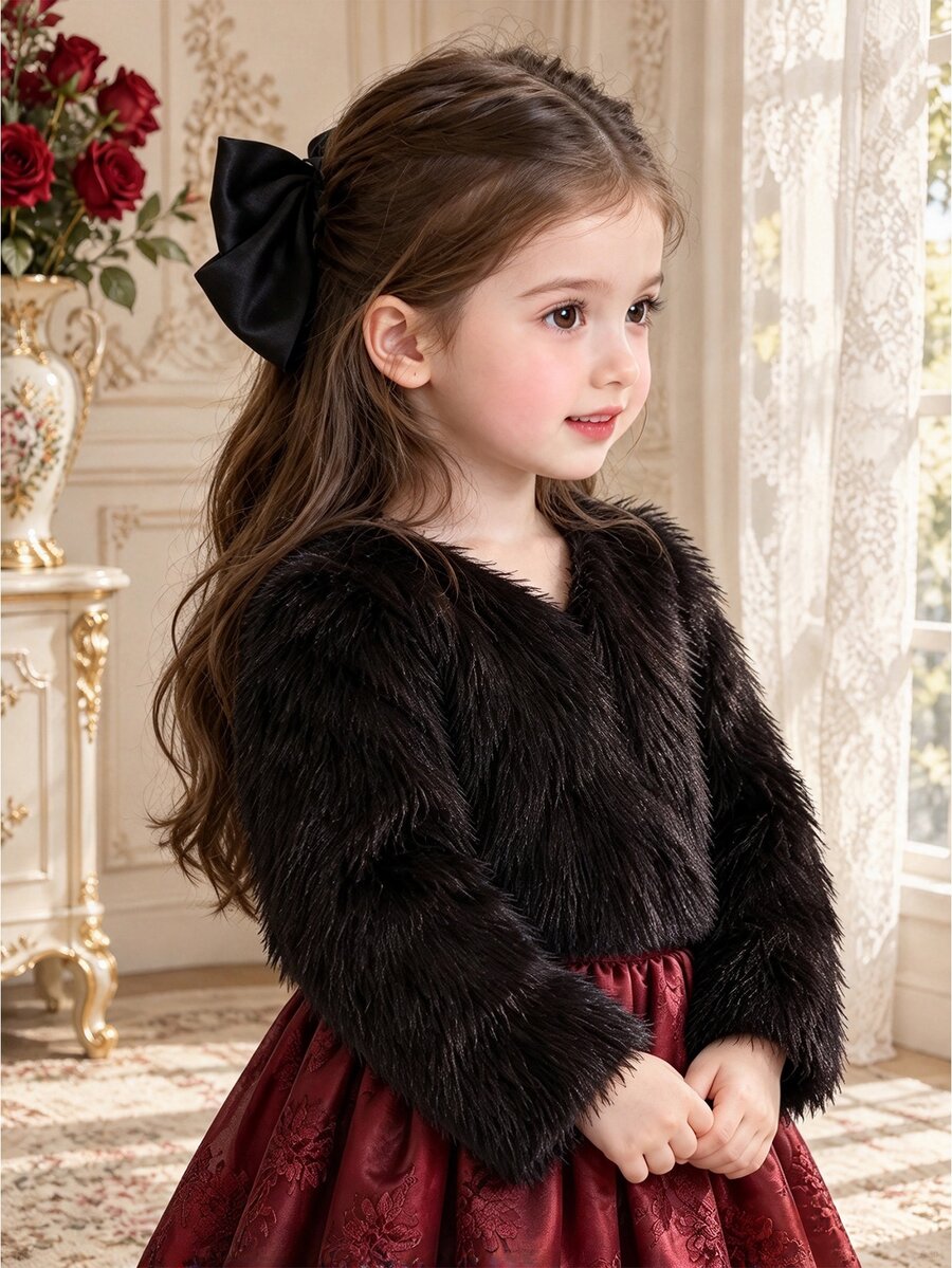 SHEIN Baby Girl Faux Fur Short Jacket, V Neck Long Sleeve Fluffy Warm Outerwear, Cute Princess Party Shaggy Coat For Fall Winter