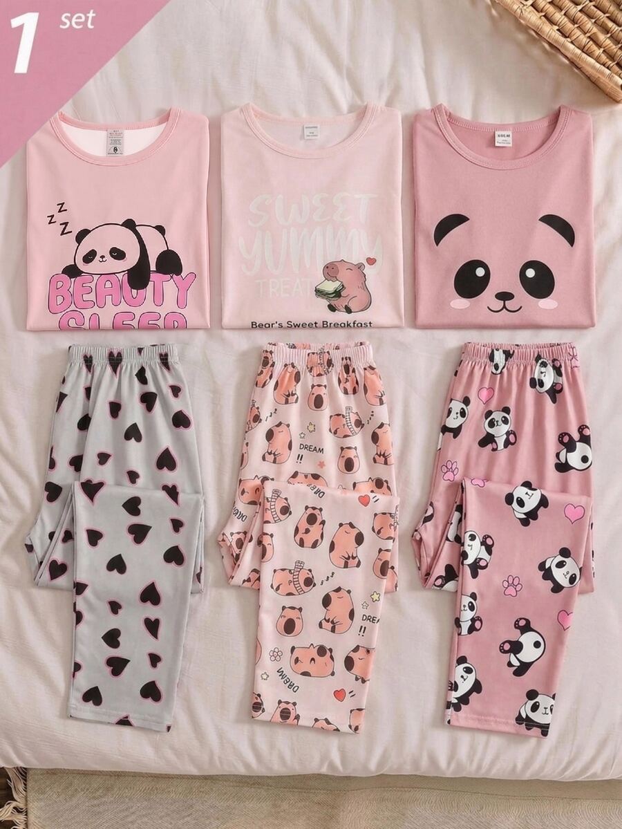 SHEIN Girls Purple Solid Color Top + Plaid Pants Set White Top English Letter + Eyelash Print + Plaid Pants + Hair Scrunchie 4-Piece Set - Pink - View 1