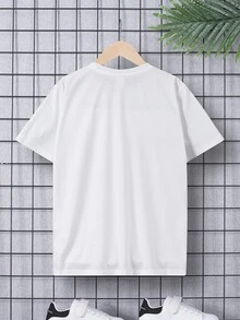 SHEIN Kdis 青少年男孩趣味表情螢光圖案寬鬆休閒圓領短袖T恤，適合夏季日常穿著 - 白色 - 查看 4