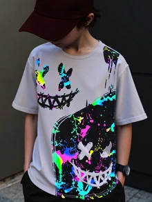 SHEIN Kdis 青少年男孩趣味表情螢光圖案寬鬆休閒圓領短袖T恤，適合夏季日常穿著 - 白色 - 查看 2