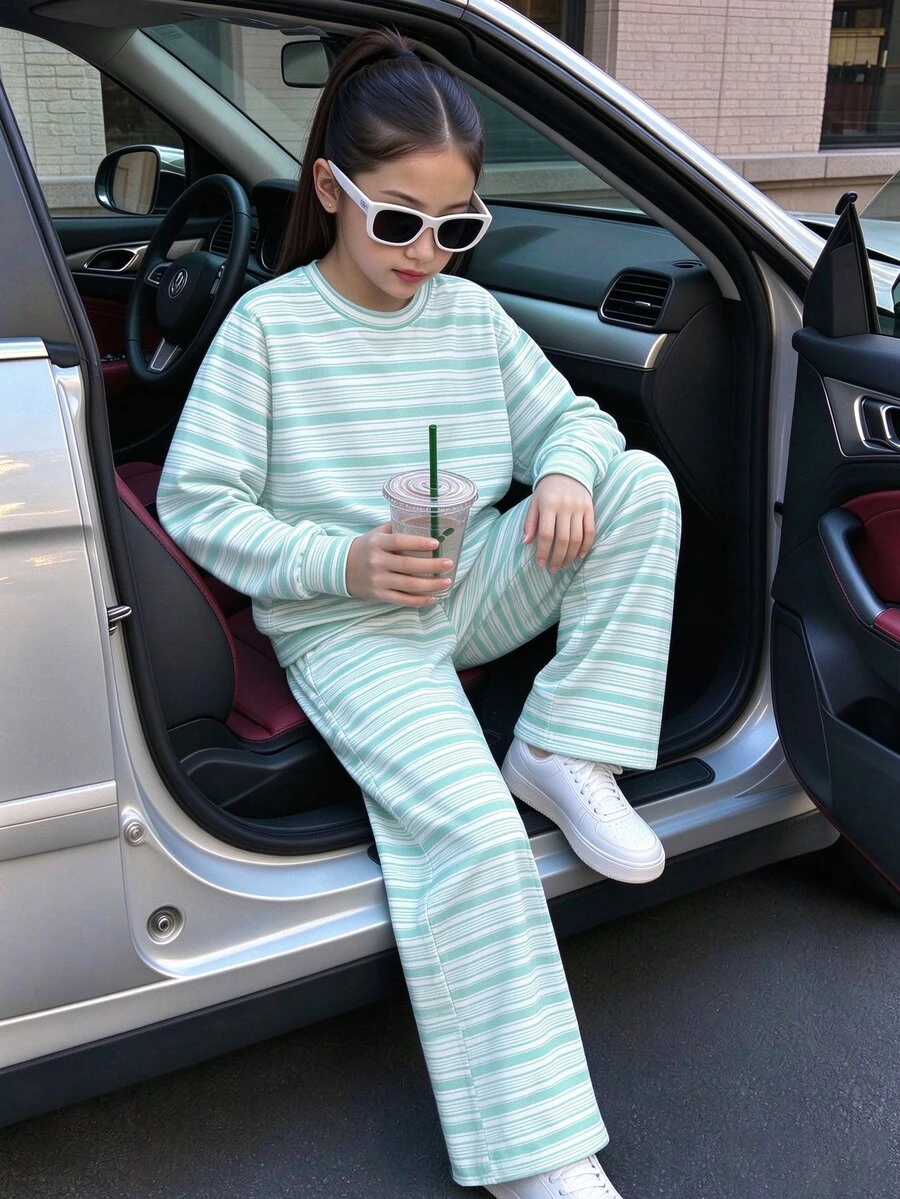 Young Girls Autumn/Winter Casual Fashion Fresh Mint Green & White Striped Crew Neck Sweatshirt & Wide Leg Pants Set 2026 - Multicolor - View 1