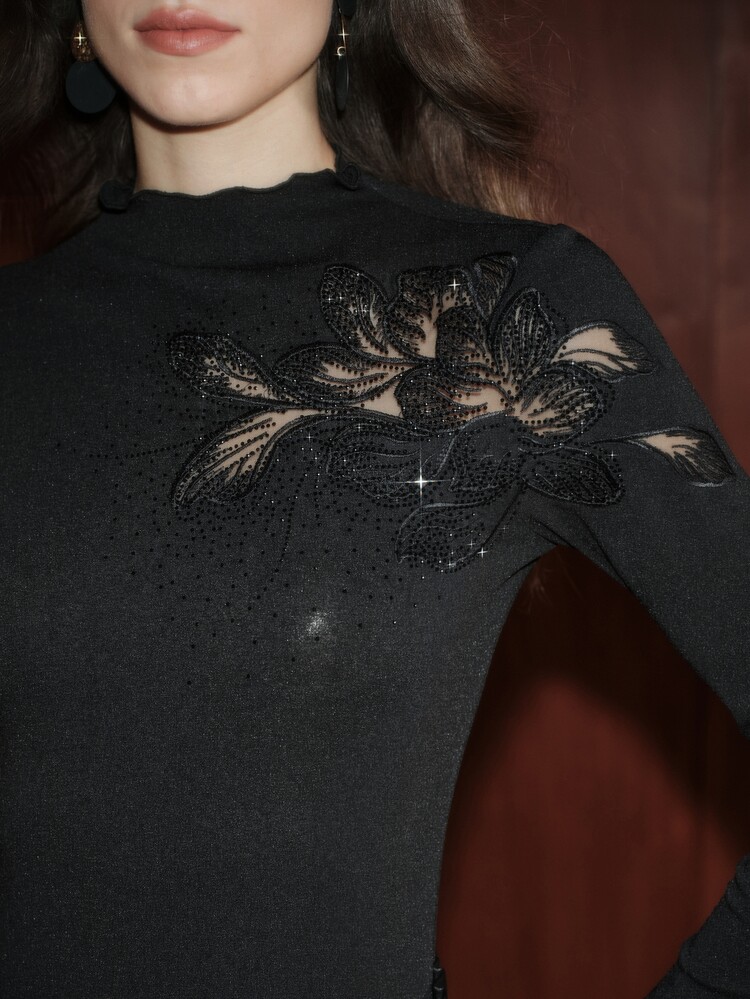 Anewsta Women's Autumn Embroidered Rhinestone Black T-Shirt, Elastic Inner Layer And Outerwear Top - Black - View 3