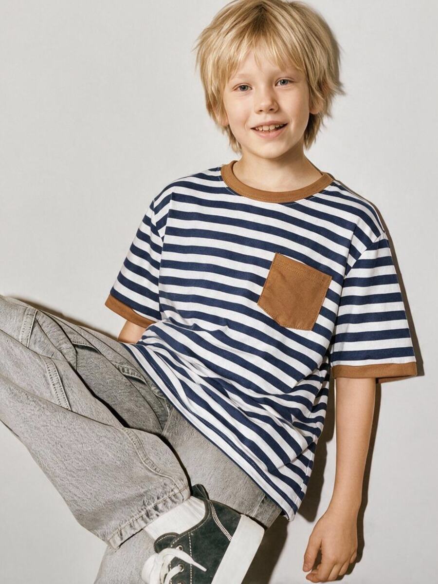 Kdis Tween Boy Pocket Patchwork Striped Contrast Color T-Shirt, Minimalist Casual Style, Suitable For Summer Daily Wear - Blue and White - View 1
