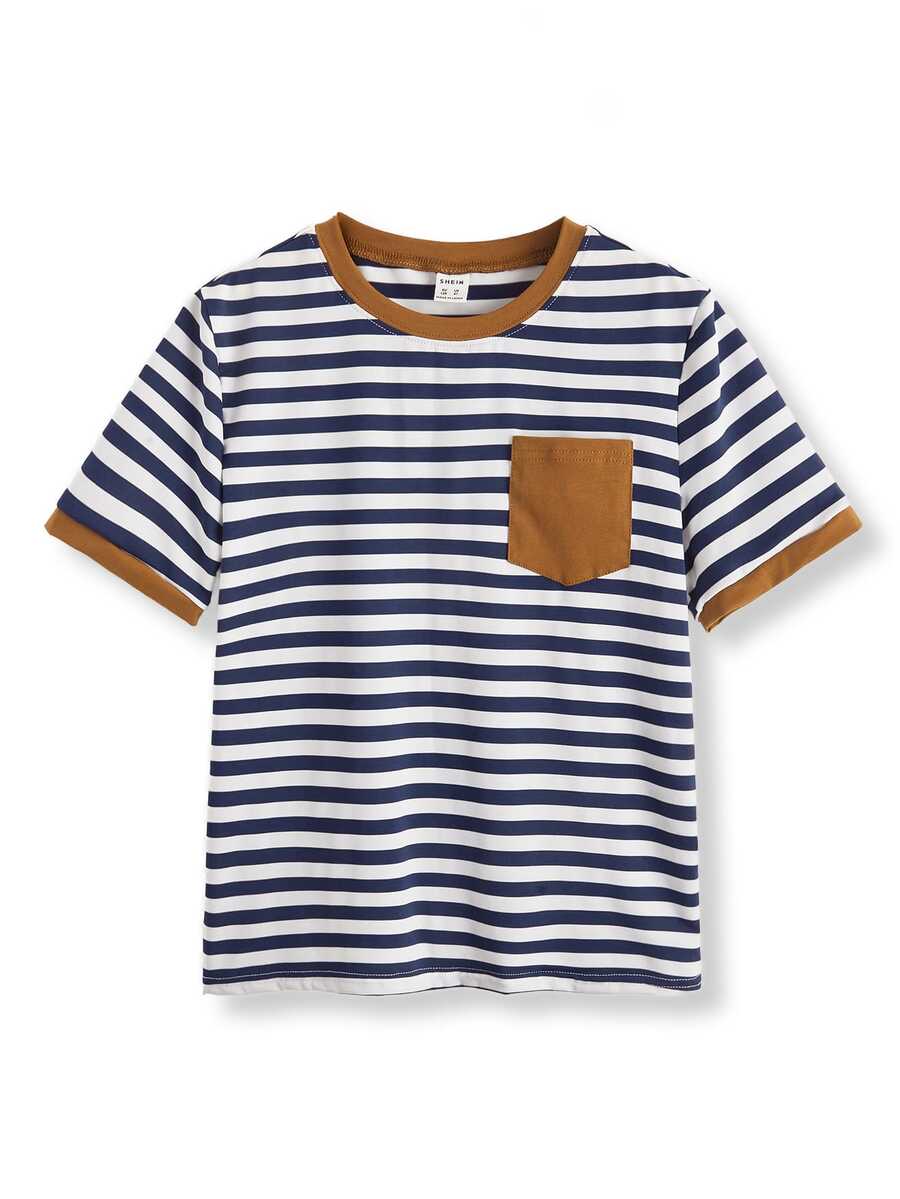 Kdis Tween Boy Pocket Patchwork Striped Contrast Color T-Shirt, Minimalist Casual Style, Suitable For Summer Daily Wear - Blue and White - View 1
