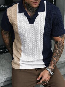 Manfinity Homme Men's Textured Contrast Color Short Sleeve Casual Commute Polo Shirt - Navy Blue - View 2