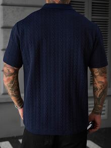 Manfinity Homme Men's Textured Contrast Color Short Sleeve Casual Commute Polo Shirt - Navy Blue - View 3