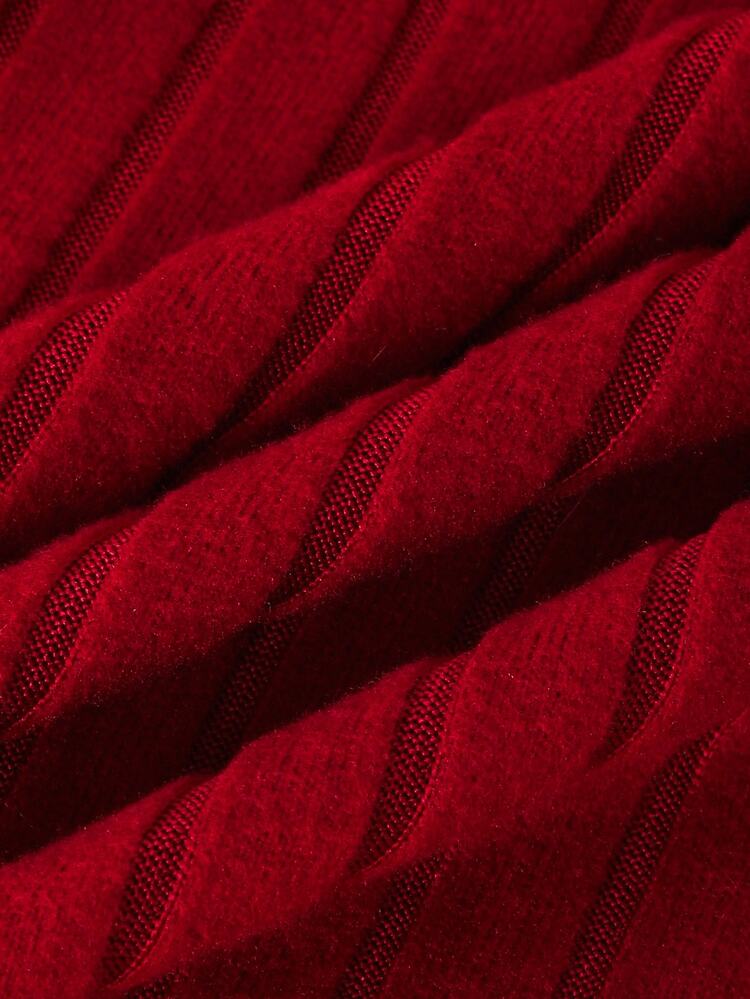SHEIN Tween Girls Burgundy Red Long Sleeve Fur Cuff Mock Neck Ribbed Knit Snug Fit Midi Dress Solid Autumn For Party Family Festival Outfits Cute Elegant - Burgundy - View 8