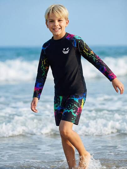 SHEIN Tween Boy Casual Fitted Video Game Glow-In-The-Dark Pattern Tankini 2 Pieces Swimsuit, Suitable For Spring/Summer, Beach Vacation