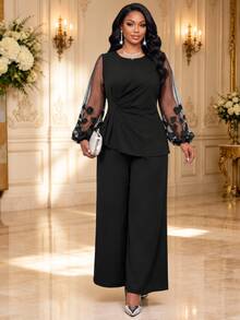 Fleurora Plus Size Elegant Party Formal Wedding Floral Embroidered Mesh Patchwork Top And Pants 2 Pieces Set Black Summer - Black - View 1