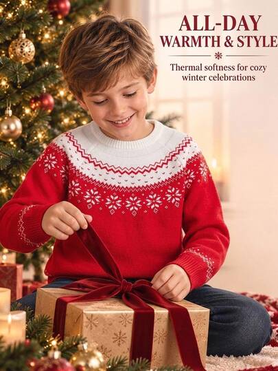 SHEIN Suéter rojo de Navidad de manga larga con cuello redondo, estilo casual universitario para niños y preadolescentes, adecuado para ir al trabajo, la escuela, salidas casuales diarias, deportes, temporada de otoño/invierno, Navidad, a juego con la familia