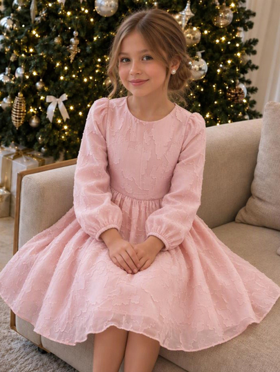 SHEIN Elegant jacquardklänning för tweenflickor i rosa rutmönster, rund hals, lång ärm, hög midja, midjelång, vid kjol, blomsterflicka, jul- och höstfest