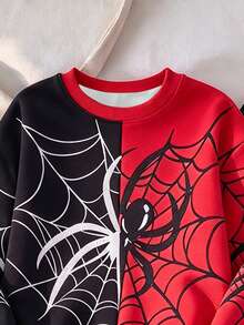 Boys' Sweatshirt Set, Cool Red & Black Colorblock, Spider Web Pattern, Loose Fit Sweatshirt Paired With Black Joggers, Comfortable And Stylish, Suitable For Daily Wear, Campus Casual And Personalized Street Style, Handsome And Versatile - Multicolor - View 5
