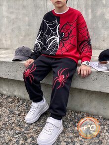 Boys' Sweatshirt Set, Cool Red & Black Colorblock, Spider Web Pattern, Loose Fit Sweatshirt Paired With Black Joggers, Comfortable And Stylish, Suitable For Daily Wear, Campus Casual And Personalized Street Style, Handsome And Versatile - Multicolor - View 2