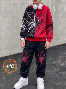 Boys' Sweatshirt Set, Cool Red & Black Colorblock, Spider Web Pattern, Loose Fit Sweatshirt Paired With Black Joggers, Comfortable And Stylish, Suitable For Daily Wear, Campus Casual And Personalized Street Style, Handsome And Versatile - Multicolor - View 1