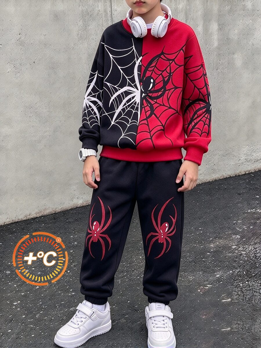 Boys' Sweatshirt Set, Cool Red & Black Colorblock, Spider Web Pattern, Loose Fit Sweatshirt Paired With Black Joggers, Comfortable And Stylish, Suitable For Daily Wear, Campus Casual And Personalized Street Style, Handsome And Versatile - Multicolor - View 1