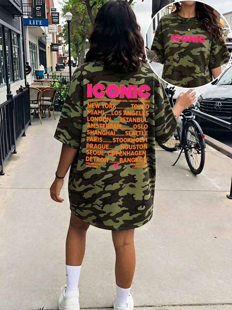 SHEIN LUNE 女款新年迷彩字母城市印花T恤洋裝,圓領短袖寬鬆大尺寸迷你洋裝,休閒街頭風度假派對洋裝 - 彩色 - 查看 1