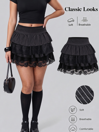 Sweetra CURVE Plus Size Women's Striped Lace Fashion Versatile Dating & Outing Mini Skirt