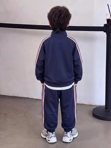 SHEIN 2pcs Kids Tween Boy Dark Blue Casual College Style Side Tape Stand Collar Open Front Long Sleeve Autumn Top And Tape Cuffed Solid Color Knit Pants Set - Navy Blue - View 6