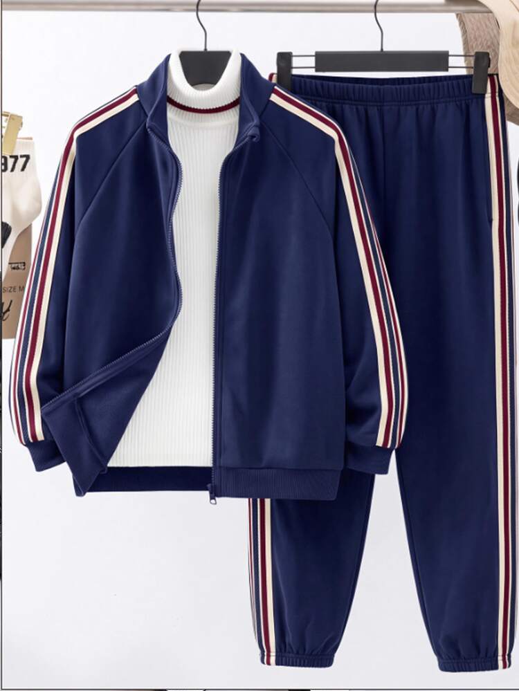 SHEIN 2pcs Kids Tween Boy Dark Blue Casual College Style Side Tape Stand Collar Open Front Long Sleeve Autumn Top And Tape Cuffed Solid Color Knit Pants Set - Navy Blue - View 3
