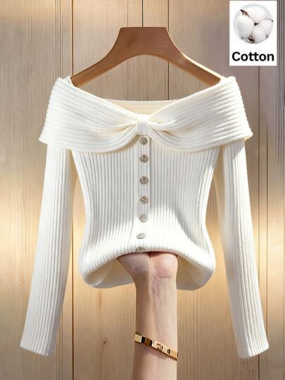 SHEIN Franclia Women's Spring Autumn Solid Apricot Knitted Elastic Slim Fit Ribbed Collar Bow Button Decor Long Sleeve Square Neck T-Shirt, Daily Wear, French Elegant, Apricot Top, Autumn Winter, Versatile Everyday