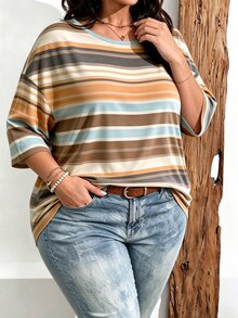 SHEIN CURVE+ 大尺碼女款休閒復古條紋印花落肩T恤 秋季 - 彩色 - 查看 3