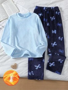 Girls' Sweet & Gentle Style Loungewear Top And Pants 2 Pieces Set, Light Pure Blue Top With Navy Blue Bottom, Exquisite Bow Full Print Pattern, Thick Skin-Friendly Coral Fleece, Autumn/Winter Pajamas - Dusty Pink - View 4