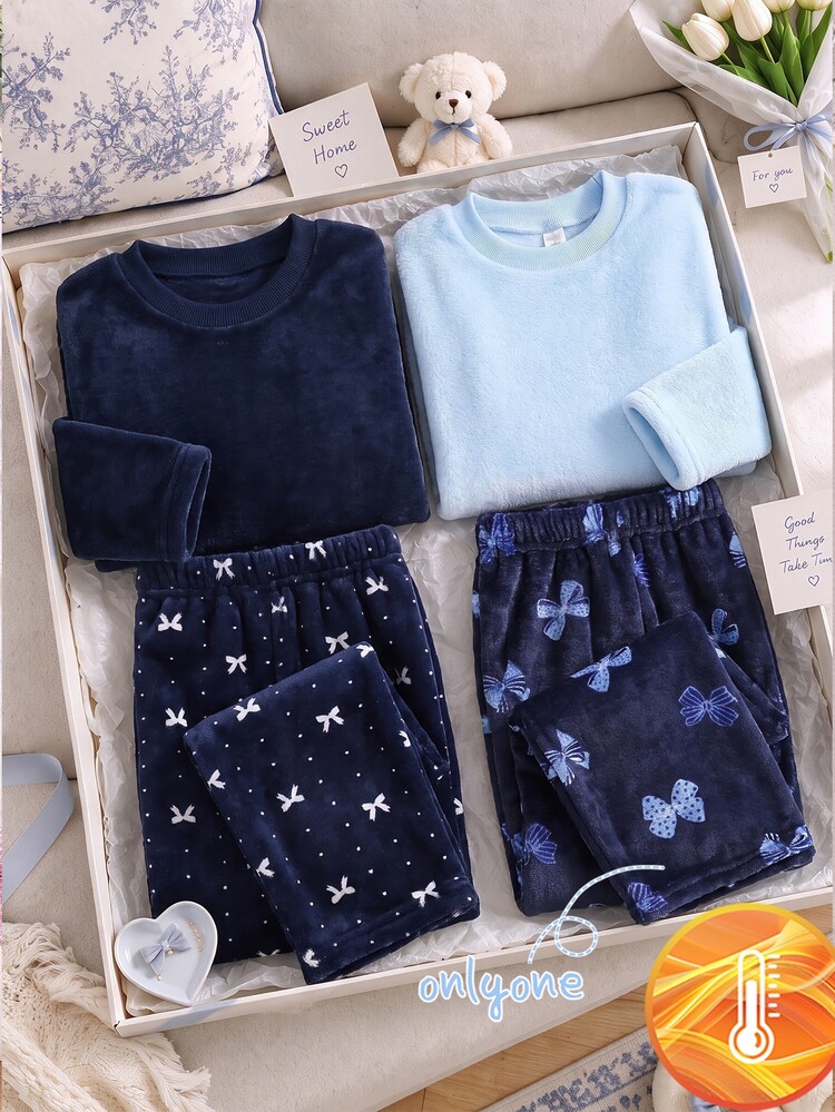 Girls' Sweet & Gentle Style Loungewear Top And Pants 2 Pieces Set, Light Pure Blue Top With Navy Blue Bottom, Exquisite Bow Full Print Pattern, Thick Skin-Friendly Coral Fleece, Autumn/Winter Pajamas - Dusty Pink - View 6