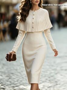 RosyDaze Women Elegant 2 In 1 Knit Outfit, Pleated Button Cape Cardigan & Long Sleeve Bodycon Midi Knit Dress - Apricot - View 1