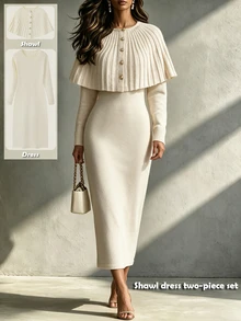 RosyDaze Women Elegant 2 In 1 Knit Outfit, Pleated Button Cape Cardigan & Long Sleeve Bodycon Midi Knit Dress - Apricot - View 8