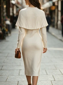 RosyDaze Women Elegant 2 In 1 Knit Outfit, Pleated Button Cape Cardigan & Long Sleeve Bodycon Midi Knit Dress - Apricot - View 2