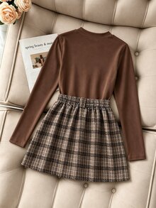 SHEIN 女童優雅休閒西式80年代風可愛家庭派對校園圓領巧克力棕色格紋長袖T恤搭配粗花呢裙 秋季感恩節 - 彩色 - 查看 3