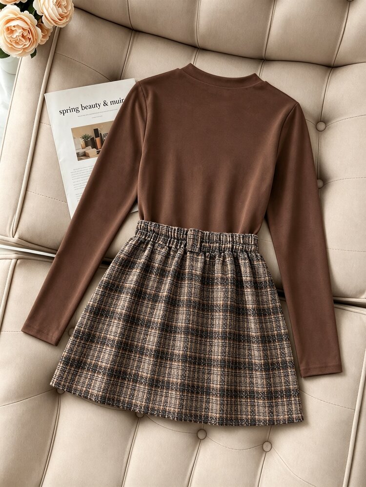 SHEIN Girls Elegant Casual Western 80s Cute Family Party School Round Neck Chocolate Brown Plaid Long Sleeve T-Shirt With Tweed Skirt Fall Thanksgiving - Multicolor - View 2