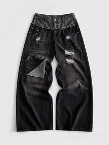 ROMWE MEN Men's Leopard Print Patchwork Loose Fit Jeans - Black - View 2