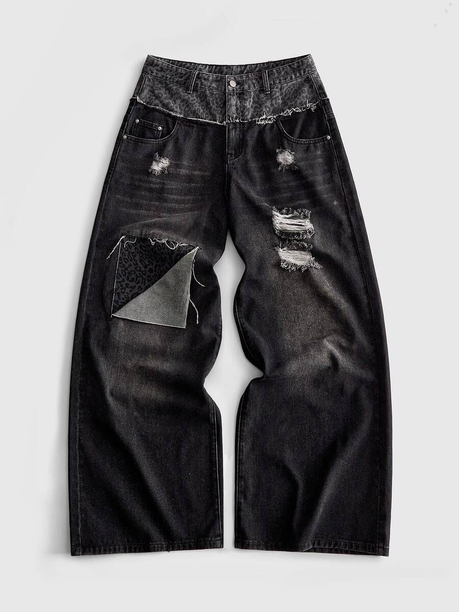 ROMWE MEN Men's Leopard Print Patchwork Loose Fit Jeans - Black - View 1