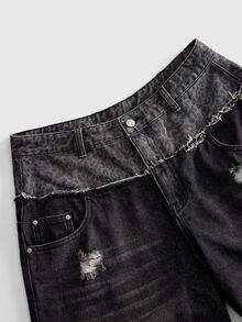 ROMWE MEN Men's Leopard Print Patchwork Loose Fit Jeans - Black - View 3