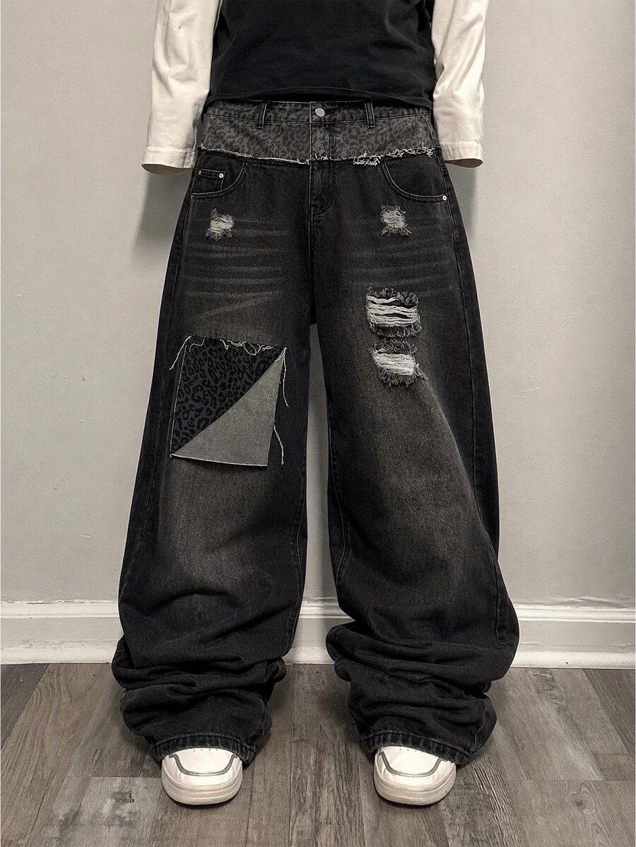 ROMWE MEN Men's Leopard Print Patchwork Loose Fit Jeans - Black - View 1