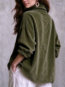 Linhara CURVE Plus Size Women's Autumn/Winter Vintage Corduroy Asymmetric Button Shirt - Army Green - View 2