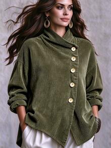 Linhara CURVE Plus Size Women's Autumn/Winter Vintage Corduroy Asymmetric Button Shirt - Army Green - View 1