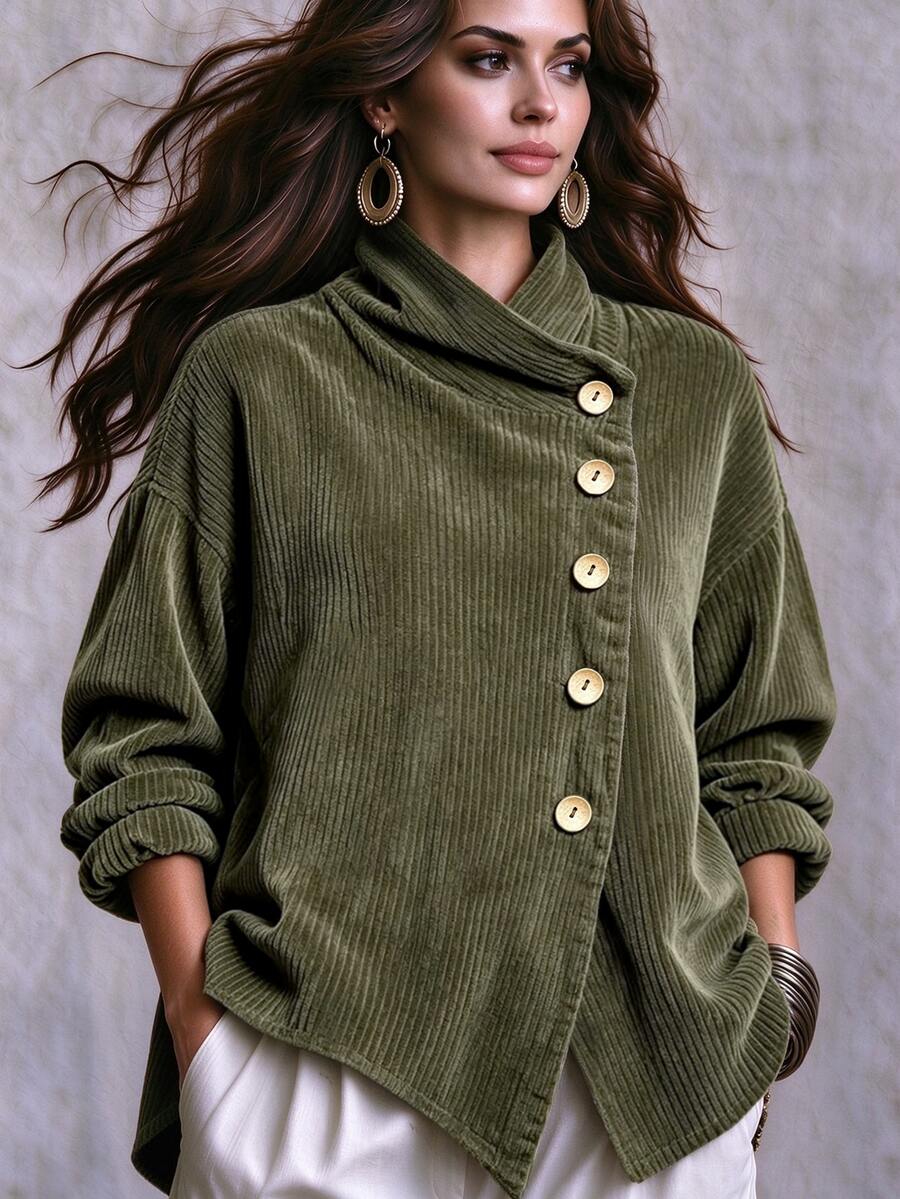 Linhara CURVE Plus Size Women's Autumn/Winter Vintage Corduroy Asymmetric Button Shirt - Army Green - View 1