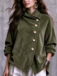 Linhara CURVE Plus Size Women's Autumn/Winter Vintage Corduroy Asymmetric Button Shirt - Army Green - View 4