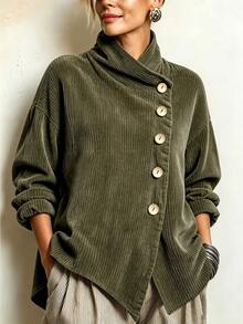Linhara CURVE Plus Size Women's Autumn/Winter Vintage Corduroy Asymmetric Button Shirt - Army Green - View 3