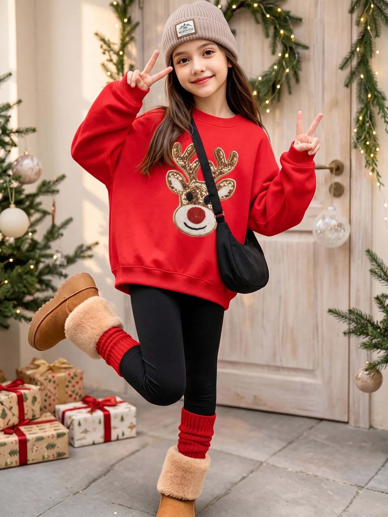 (1 Set) Christmas Autumn/Winter Girls' Comfortable Fresh Sequin ...
