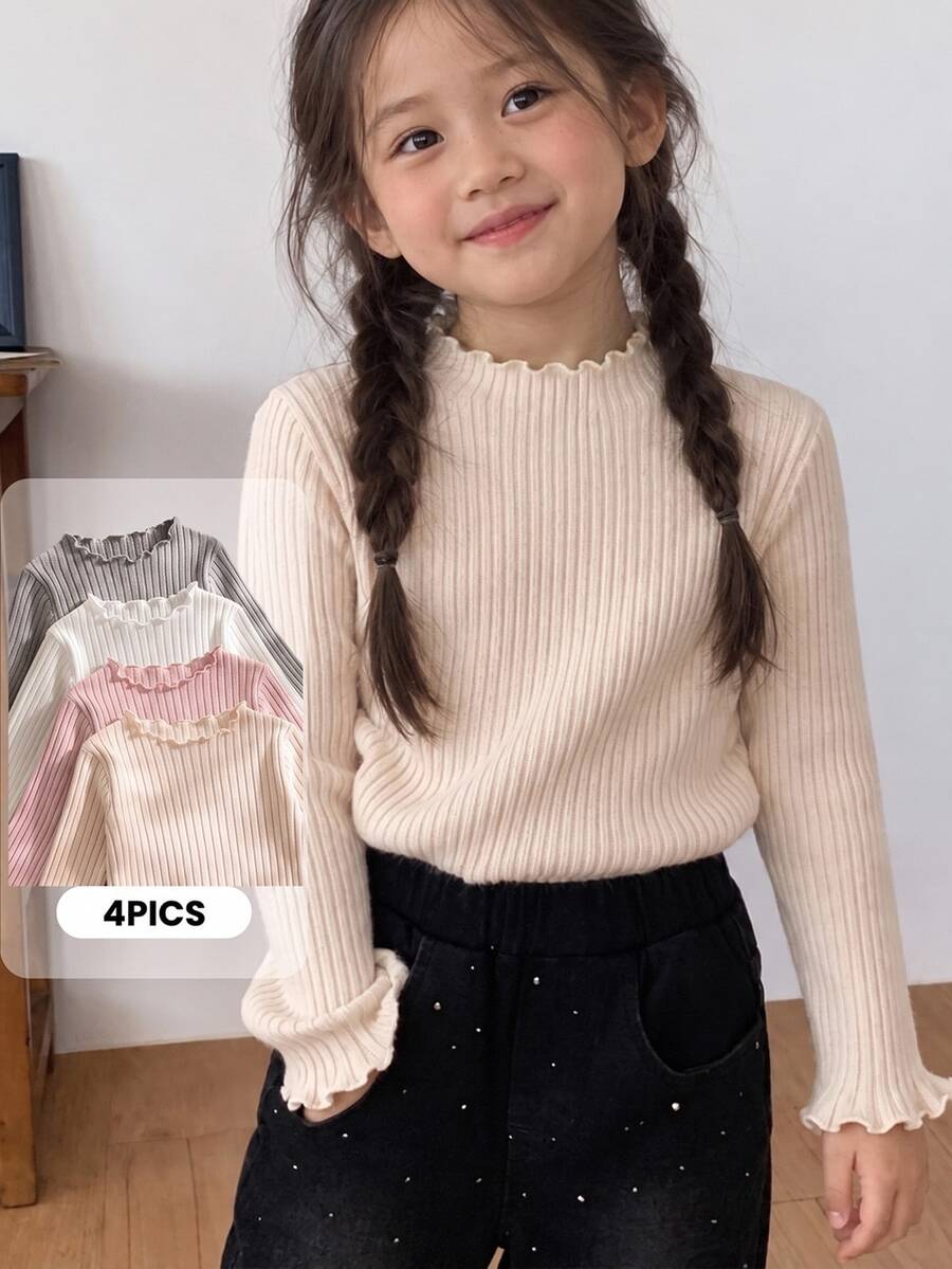SHEIN 4pcs Girls' Autumn/Winter Cotton Ribbed Solid Color Ruffle Long Sleeve Tops, Cute T-Shirt Base Layer, Spring/Autumn, Versatile Fashion Tops Suitable For School, Vacation, Daily Wear