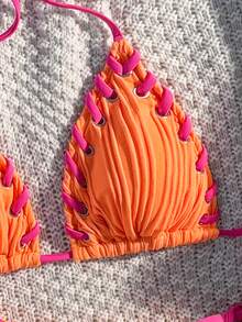 SHEIN Swim Women's Sexy Tropical Tropical Tropical Beach Vacation Vacation Party Vacation Grommet Lace Up Textured Knit Bikini Set Burnt Orange And Summer - Orange - View 6