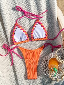 SHEIN Swim Women's Sexy Tropical Tropical Tropical Beach Vacation Vacation Party Vacation Grommet Lace Up Textured Knit Bikini Set Burnt Orange And Summer - Orange - View 2