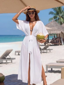 SHEIN Swim 女款素色百褶休閒度假海灘和服式罩衫 - 白色 - 查看 3